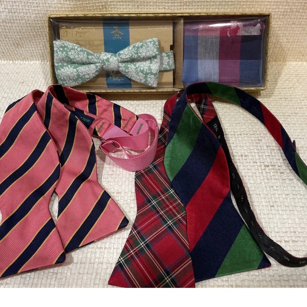 3X -Lilly Pulitzer Bow Tie Men's Silk Blue & Pink,Cremieux ,Plaid- Stripe